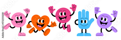 The colorful group of characters in this illustration radiates joy and playfulness, showcasing dynamic gestures and expressions that capture the essence of fun and friendship vividly.