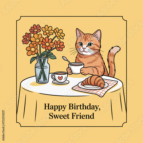 A delightful orange cat is enjoying a charming birthday breakfast scene with a vase of flowers, heart-shaped cup, and croissant, radiating warmth and cheer.