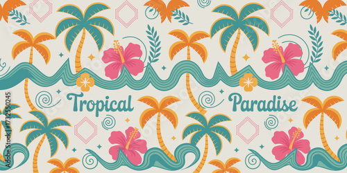 A vibrant tropical paradise pattern featuring palm trees and hibiscus flowers, creating a cheerful and sunny atmosphere perfect for summer vibes and vacation.