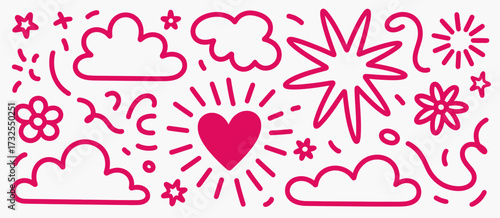 This image showcases bold pink shapes including clouds, hearts, and stars in a whimsical design, ideal for playful graphic and creative projects.
