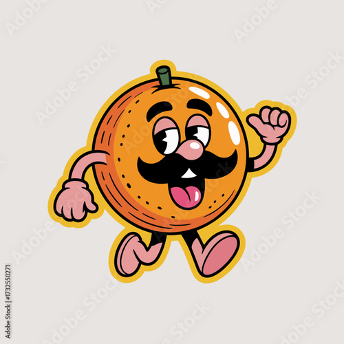 A playful, anthropomorphic orange character with a mustache joyfully running, showcasing a vibrant orange hue and a lively expression, perfect for engaging graphics.