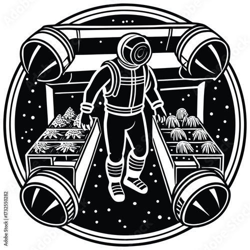 Vector astronaut adjusting solar-powered farming equipment in space