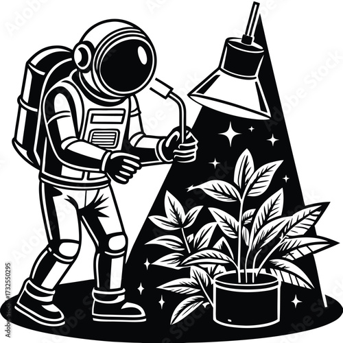 Vector astronaut scientist testing plant growth under artificial light