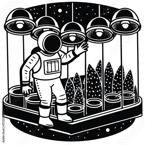 astronaut scientist testing plant growth under artificial light