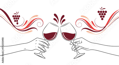 A celebration of two glasses of red wine clinking together in a toast surrounded by swirling decorations and grapes.
