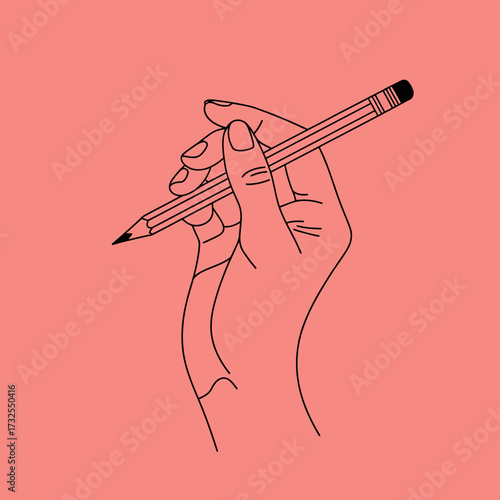 An artistic illustration of a hand holding a pencil, symbolizing creativity and the act of drawing, with a minimalistic design in a vibrant coral background.