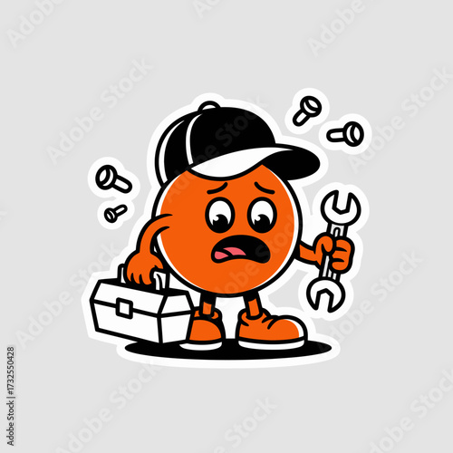 An animated orange character wearing a cap, holding a wrench and a toolbox with a concerned expression, symbolizing readiness for a repair task and expressing anxiety.