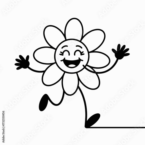 An energetic cartoon flower character joyfully dancing with outstretched arms, embodying happiness and carefree spirit. This playful image is perfect for children's themes and joyful celebrations.
