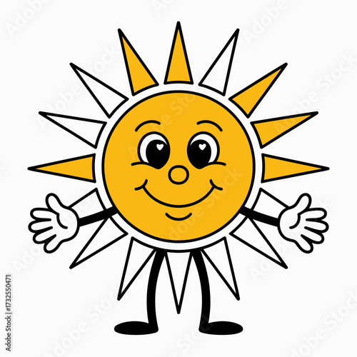 A charming sun character smiles and spreads joy with its open arms, symbolizing warmth, happiness, and positivity in a bright, cartoonish style.