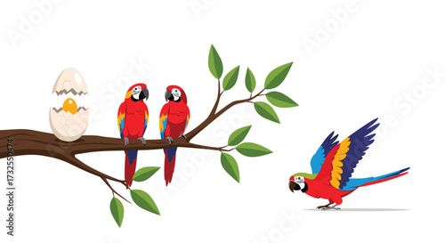 Two macaws watch a third macaw near a hatching egg on a tree branch.