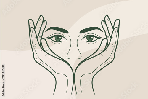 An engaging abstract artwork showcasing a human face framed by hands, emphasizing connection and introspection through minimalistic line designs.