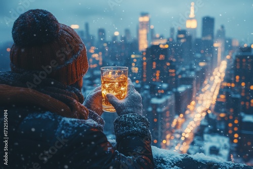 Person holding whiskey in snow.