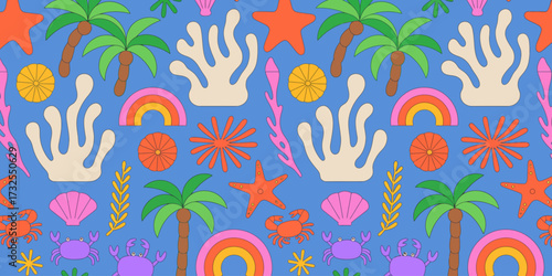 A vibrant pattern featuring palm trees, starfish, and crabs, symbolizing a beach paradise and showcasing the beauty of marine life in a playful artistic style.