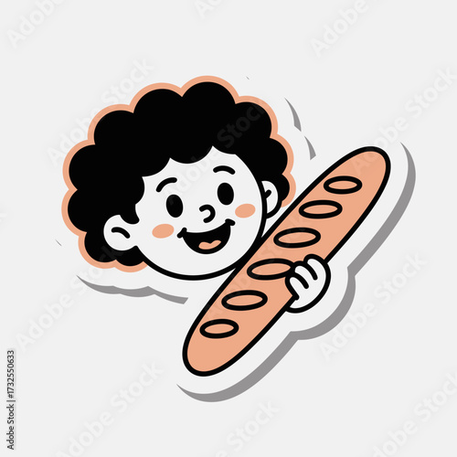A cute illustration featuring a joyful character holding a baguette, representing the happiness of sharing food and the simple pleasures of life through playful artistry.