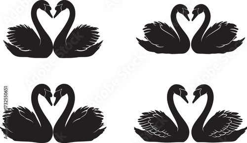 Four pairs of black swans forming heart shapes silhouette