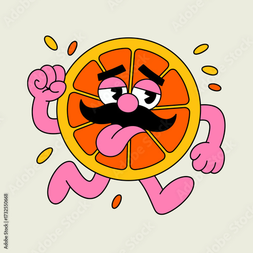 A funky, anthropomorphic orange slice is depicted with a fun personality, running energetically and expressing unique charm, ideal for eye-catching illustrations.