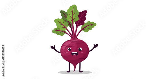 A cheerful cartoon beet with green leaves and happy eyes is waving hello.