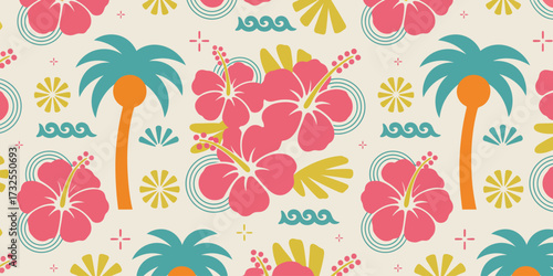 A beautifully crafted pattern featuring hibiscus flowers and palm trees that represent the essence of summer and tropical vibes, ideal for print and textile design.