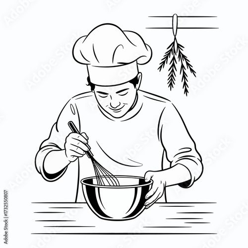 In an appealing kitchen, this image shows a chef happily mixing ingredients, highlighting the connection between culinary skills, creativity, and the joy of cooking.