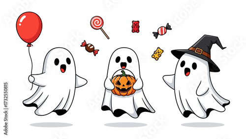 Halloween Ghosts and Treats: Adorable cartoon ghosts float amidst a playful array of candies and a festive pumpkin, capturing the fun of Halloween in a vibrant, childlike illustration.