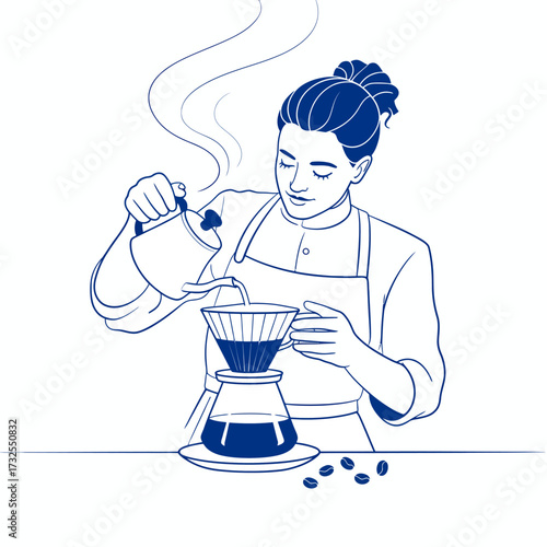 A skilled barista gracefully pours hot water into a coffee dripper, demonstrating the art of manual brewing while expertly crafting a rich cup of coffee.