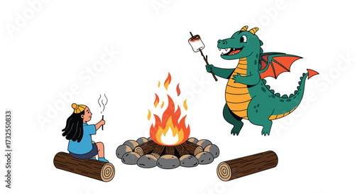 A young girl and a friendly dragon enjoy roasting marshmallows over a campfire during an outdoor camping adventure.