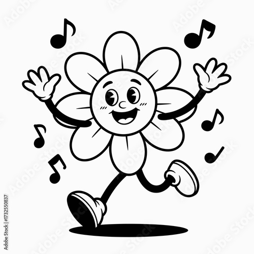 A joyful cartoon flower character surrounded by musical notes, expressing happiness and enthusiasm through a playful design. This illustration is perfect for music and celebration themes.