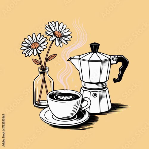 A beautifully arranged coffee cup with heart latte art, alongside fresh daisies in a bottle, creating a cozy and inviting scene perfect for coffee lovers.