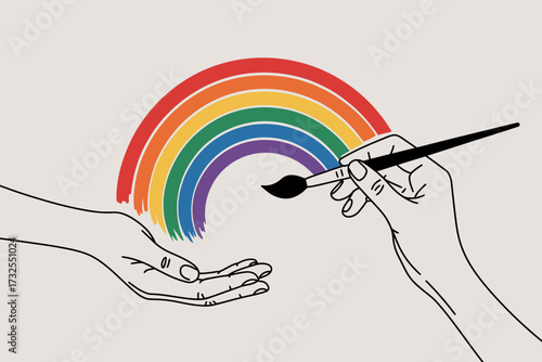 This image shows hands painting a vibrant rainbow, symbolizing creativity and positivity. The rainbow is painted delicately, highlighting the beauty of art and collaboration.