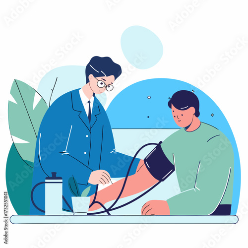 Doctor measuring blood pressure of patient in modern clinic  