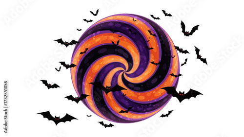 Spiraling Halloween Candy: A whimsical Halloween scene features a spiral candy surrounded by bats in a vibrant display, a celebration of the spooky season.