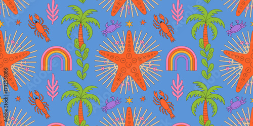 This colorful pattern showcases bright starfish and crabs surrounded by palm trees and marine elements, expressing joy and the essence of summer fun by the sea.