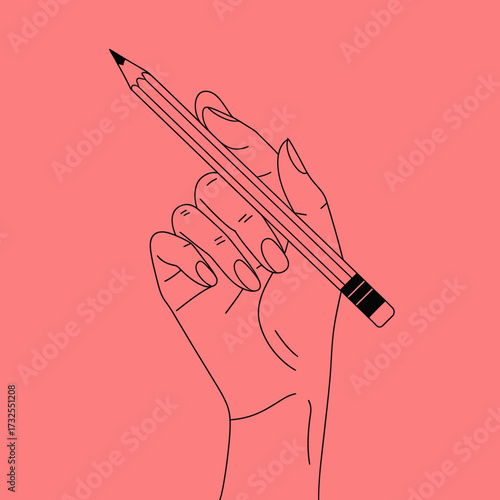 A stylized illustration of a hand holding a pencil against a vibrant coral pink background, showcasing creativity and artistic expression in a modern design style.