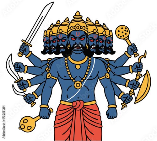 Colorful Vector Illustration of Ravana with Ten Heads and Multiple Arms Holding Weapons – Hindu Mythological Character