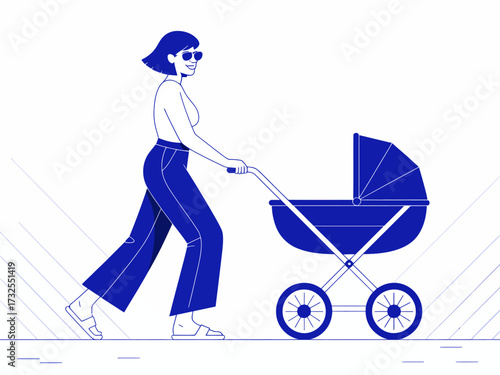 A fashionable woman confidently walks with a baby stroller, showcasing a blend of modern parenting and personal style in a vibrant and lively urban environment.