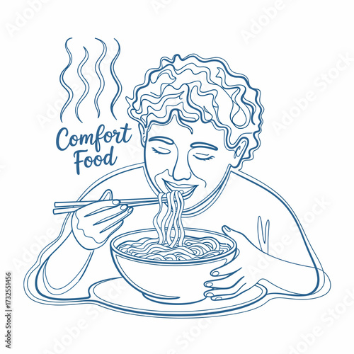 A joyful illustration of a child savoring a bowl of delicious noodles, capturing the essence of comfort food, warmth, and happiness around a shared meal experience.