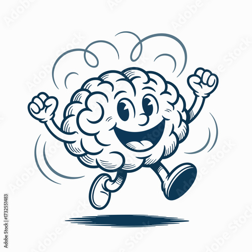 This image features an energetic brain character exuberantly celebrating, reflecting the notion of intellectual joy and the vibrant essence of creativity in a fun, engaging manner.