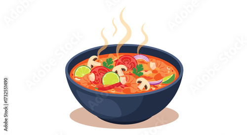 A steaming bowl of spicy and flavorful tom yum soup with shrimp and vegetables.