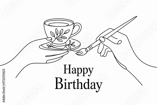 This design showcases a beautifully detailed teacup with floral patterns and a blooming flower, ideal for a sophisticated birthday greeting with elegance and style.