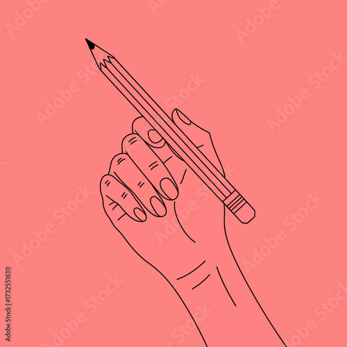 An artistic representation of a hand gripping a pencil, set against a softly colored pink backdrop, symbolizing the essence of creativity and artistic thought.