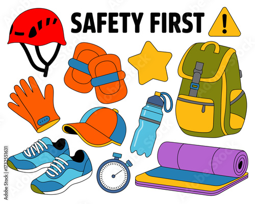 Safety First Equipment Illustration with Backpack Helmet and Other Gear for Outdoor Activities and Sporting Adventures