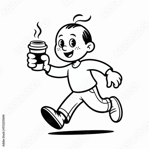 A joyful child runs happily while holding a takeaway coffee cup, capturing a moment of excitement and youthful energy, often associated with enjoyments of childhood.