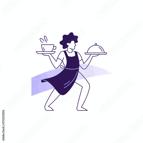 A person elegantly balancing plates of food and drink, showcasing their serving skills in a vibrant, lively setting ideal for a cafe or restaurant environment.