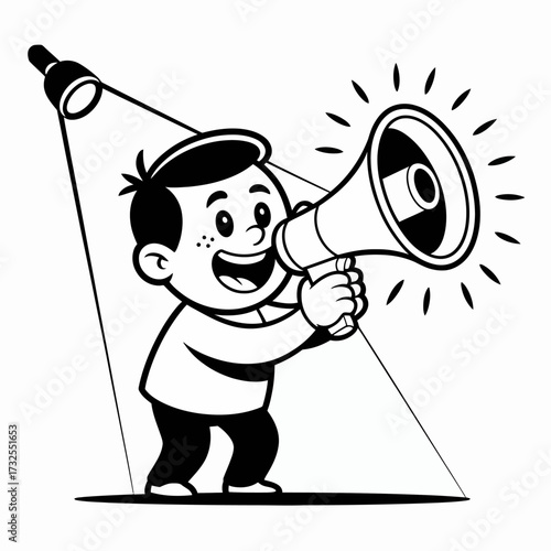 This illustration features a cheerful child holding a megaphone, ready to spread joy and excitement, emphasizing energetic communication and the fun of being heard.