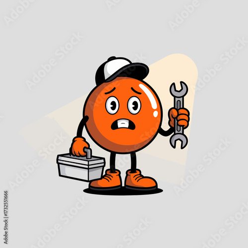An expressive orange character with a worried face, holding a wrench and a toolbox, embodying the feelings of unease and determination in confronting repair tasks.
