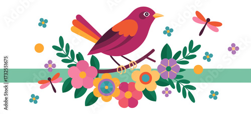 This vibrant illustration showcases a stylized bird perched on a floral branch, surrounded by colorful flowers, capturing a cheerful and lively ambiance of nature.