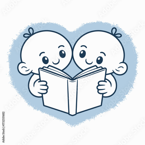 This charming illustration showcases two adorable babies engrossed in a book together, conveying warmth, unity, and the joy of shared experiences in a heart-shaped element.