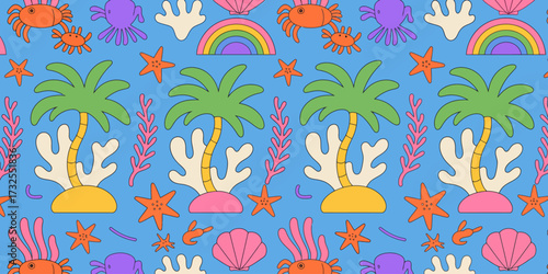 A lively pattern showcasing palm trees, starfish, and crabs in an artistic composition, celebrating marine life and the joy of sunny beach days full of creativity and fun.