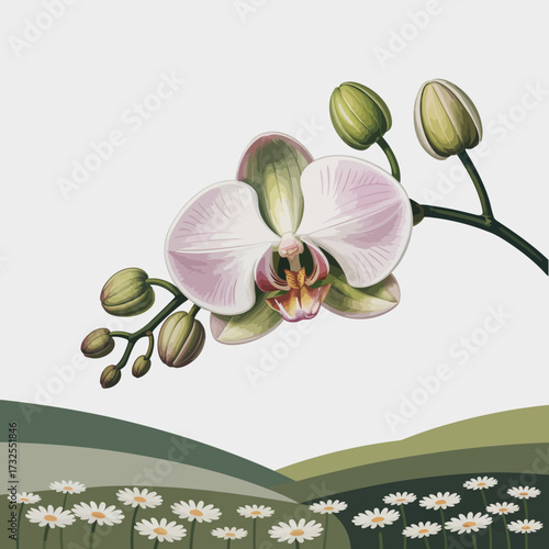 This elegant illustration features a stunning orchid flower set against a soft green backdrop, symbolizing beauty, sophistication, and the intricate details of nature's design.