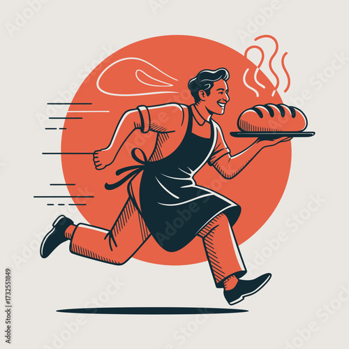 This lively illustration captures a chef joyfully presenting a fresh loaf of bread, emphasizing the passion and joy involved in the art of baking and food service.